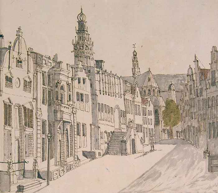 Van Nesse woonde in een zestiende-eeuws pand aan de Alkmaarse Langestraat. Het is het huis helemaal links op deze tekening die Cornelis Pronk in 1727 maakte. (Collectie Koninklijk Oudheidkundig Genootschap, Atlas Schoemaker. Foto: Koninklijke Bibliotheek, Den Haag)