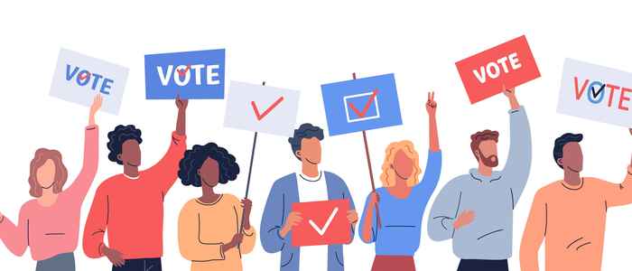 tekening van mensen die met borden lopen waarop 'vote' staat'
