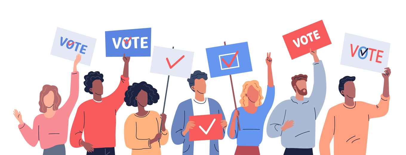 tekening van mensen die met borden lopen waarop 'vote' staat'