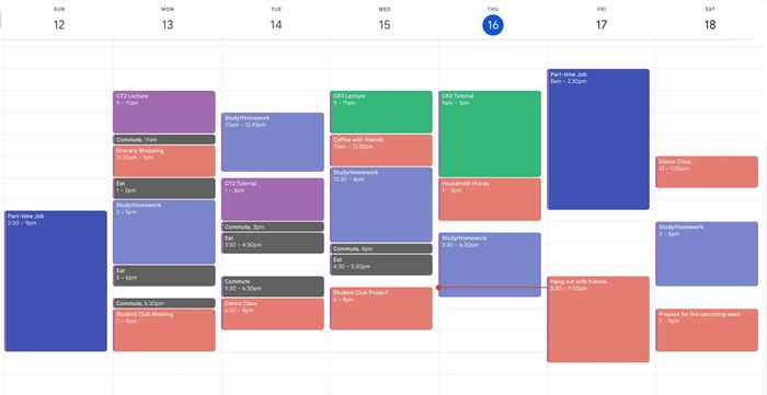 Sample timetable spread across the week: lectures, seminars, social activities, part-time job, self-study